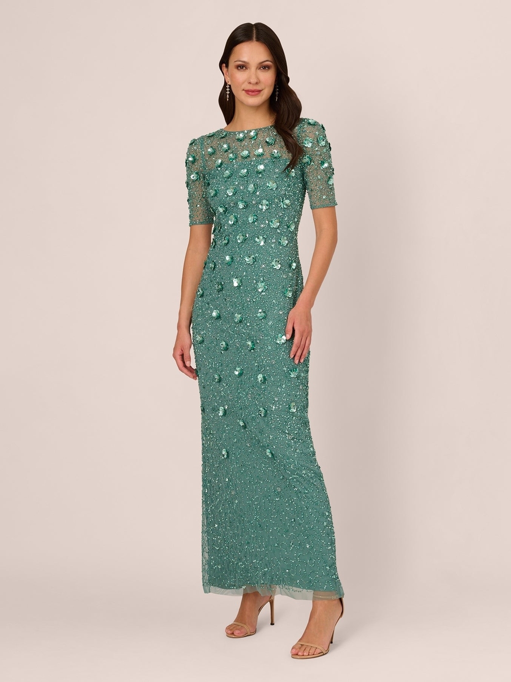 Long Hand Beaded 3D Floral Dress With Elbow Sleeves In Green Slate No Tags 6 - Picture 2 of 8